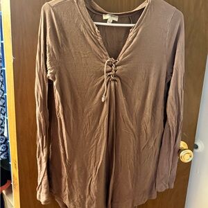 Umgee Brown Gathered V-Neck Long Sleeve Top
